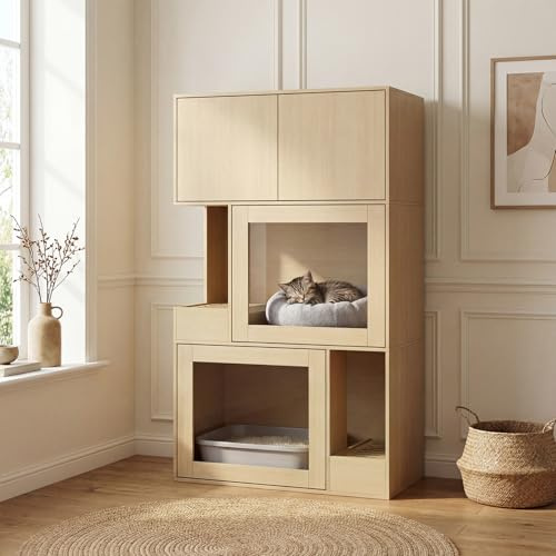 3-stöckiger Katzenklo-Schrank Katzenschrank mit Schublade & Tür & Eingang, 3-in-1 Katzenhaus Katzentoilette Beistelltisch, Schrank Katzenklo Katzenkommode, Katzenhöhle Haustierbox, Naturholzfarbe
