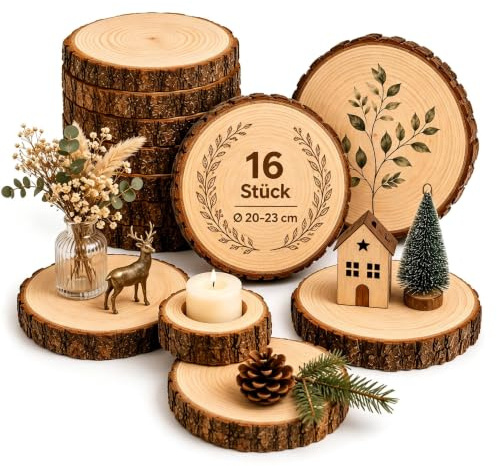 Lindahandel Holzscheiben Set 16 Stück 20-23 cm, Groß Runde Baumscheiben | aus Kiefernholz mit 2 cm Stärke ohne Loch,Ideal für DIY Projekte, Malen, Lasergravur, Hochzeit und rustikale Dekoration