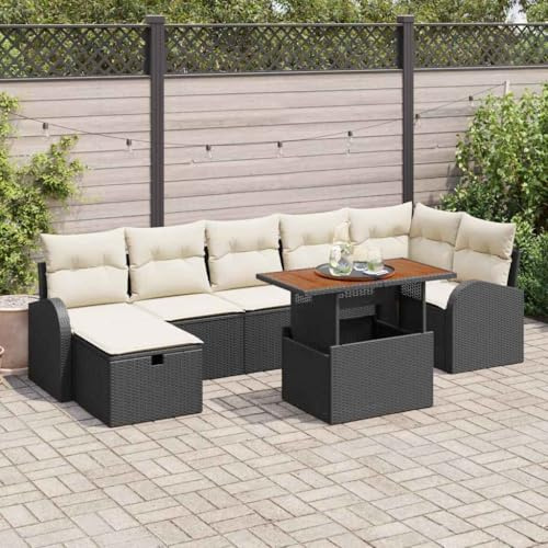 HEFZGDB Gartensofa-Set mit Kissen 8-teilig Schwarz Poly-Rattan Moderne Sitzgruppe für Terrasse Gartenmöbel Outdoor Wohnzimmer Höhenverstellbarer Tisch