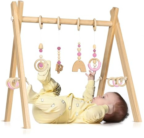 Spielbogen Baby aus Holz für Mädchen - Schadstofffreis Spieltrapez Baby Spielzeug ab 0 Monaten für Wohnung und Kinderzimmer mit Activity Holz-Spielzeug