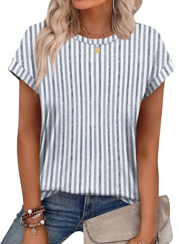 Aokosor 2026 Womens Summer Tops Floral Printed Short Capsleeve Shirts Crew Neck Casual Short Sleeve Ladies Tops L Blue Vertical Stripes