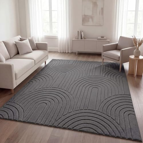 TT Home Wohnzimmer Teppich Schlafzimmer Hochflor Skandinavisches Design Unifarben Geometrisch Boho Style Modern Waschbar, Anthrazit 1, 160x220 cm