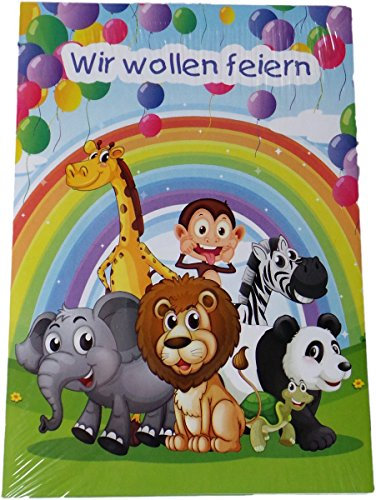 Einladungskarten - 5 Einladungen mit Briefumschlägen - Kindergeburtstag mit Luftballons und Tieren - Wir wollen feiern - Mehrfarbig - Deutsche Beschriftung