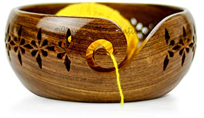 Rosewood Crafted Wooden Yarn Storage Bowl with Carved Holes & Drills | Knitting Crochet Accessories | Nagina International (Small)