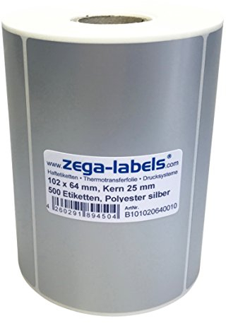 Polyester Thermotransfer Etiketten auf Rolle 102 x 64 mm aus PET Polyesterfolie silber stark haftend für Typenschilder - 500 Stück je Rolle - Kern: 25 mm Druckverfahren: Thermotransfer (mit Farbband)