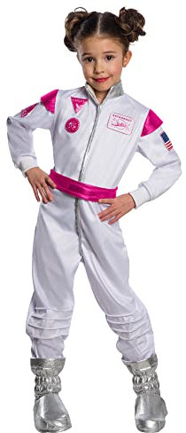 Rubie's Barbie Ufficiale - Astronauta per bambini rosa e bianco, taglia 5-6 anni. Costume astronauta con cintura rosa e stivali inclusi