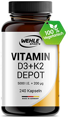 Vitamin D3 K2 Depot 240 Kapseln Hochdosiert - 5.000 IE Vitamin D3 + 200 mcg Vitamin K2 MK7 All Trans I Ohne Zusätze, Hergestellt in DE. - Verpackung kann variieren