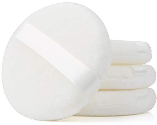Teenitor 4 Pcs 4.13 inch Powder Puff For Body Powder Loose Powder, Ultra Soft Large Round Velour Smooth Apply Puff With Ribbon Band Handle White