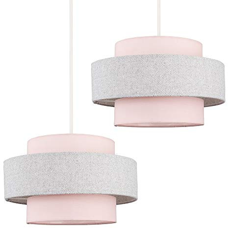 MiniSun | Modern Ceiling Light Shades in a Pink and Grey Herringbone Finish | Pendant Lights, Home Décor & Improvement Essential | Set of 2 | Includes 10W GLS Bulbs | 30cm Shade Width