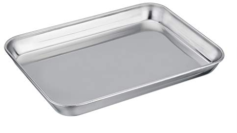 TEAMFAR Mini bandeja para hornear, bandeja de horno pequeña de acero inoxidable, bandeja para horno, mini bandeja rectangular para hornear y servir, 23 x 18 x 2,5 cm, saludable y duradera, pulida y