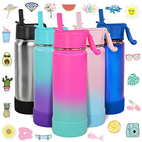 CHILLOUT LIFE Botella de agua aislada de 17 onzas para niños, con tapa con pajilla, a prueba de fugas y bonitas calcomanías impermeables, termo de acero inoxidable personalizado para niñas y niños