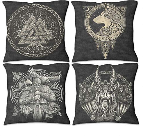 QVOOD Set von 4 Wikinger Odin Wolf Kissenbezug Linen Kissenhülle Dekokissen Fall Kissenbezüge Sofakissenbezug Loungekissenbezug für Sofa Couch Auto Schlafzimmer Zuhause Dekor White 45x45cm