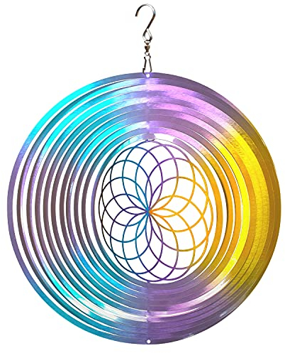 LJLIFART Windspiel Mandala Blume des Lebens, 30.5 cm, 3D-Edelstahl, lasergeschnitten, Metallkunst, geometrisches Muster, zum Aufhängen, kinetische Hofkunst-Dekorationen – Innen- und Außendekoration