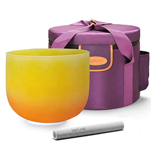 TOPFUND Orange Yellow E Note Crystal Singing Bowl Solar Plexus Chakra 8 inch with Heavy Duty Carrying Case and Suede Mallet