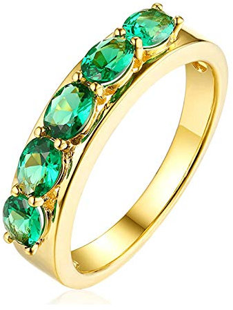 Gualiy Gold 750 18 Karat Damen, Damen Ringe Gold mit Smaragd 5 Stein Smaragd Ring 0.7 Carat Echtgold Eheringe Größe 52 (16.6)