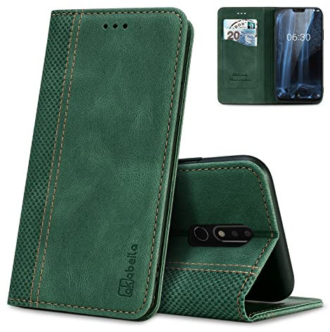 AKABEILA Case for Nokia 5.1 Premium Leather Flip Wallet Case with Magnetic Closure Kickstand Card Slots Folio Phone Case Cover Shockproof Green