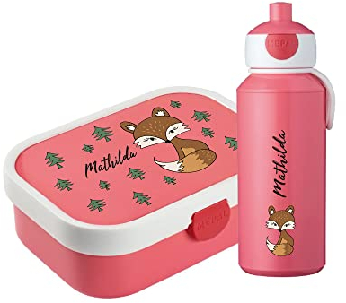 4youDesign Mepal Bento Box und Trinkflasche Set personalisiert Fuchs pink – Geschenk für Kinder Weihnachten, Nikolaus, Geburtstag – BPA frei - Auslaufsicher – Brotdose 750ml, 400ml Flasche