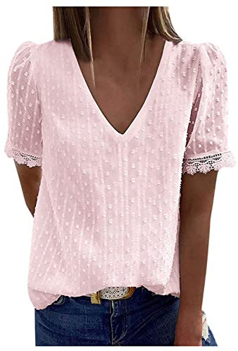 Chemisier T-Shirt Manche Courtes Femme Dentelle Décontracté Col V Élégant Couleur Unie lâche Basique Pull Top Ruffle Sleeve Shirt Volant Cutout Chemisiers d'été à Manches Courtes pour (03-rose, M)