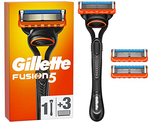 Gillette Fusion5 Maquinilla De Afeitar Para Hombre con 3 Recambios | 1 Mango + 3 Cuchillas de Afeitar con 5 Hojas Y Banda de Gel Lubricante para Un Afeitado Apurado Duradero