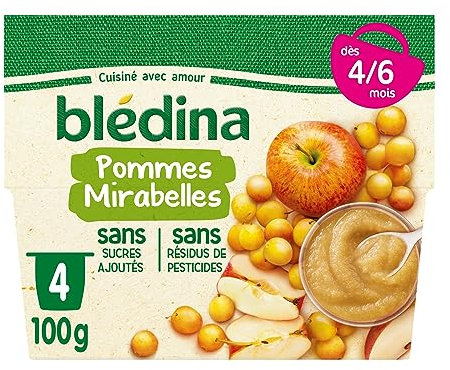 Blédina - Coupelles Fruits Pommes Mirabelles- dès 4/6 Mois - Le Pack de 4x100g