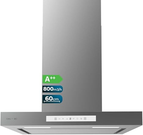 Cecotec Campana Extractora 60cm Tipo T Bolero Flux Tt 608000 Slim Glass White A++. Acabado Acero Inox Succión 800M3/H, Bajo Consumo, Display Táctil, Filtro Carbono, Hand Movement Control