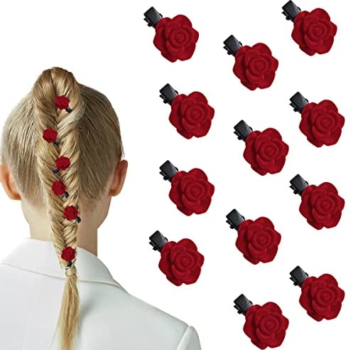 30 PCS Red Velvet Mini Rose Flower Hair Clips, Flower Hair Accessories for Women Girls Wedding Bridesmaid Bride