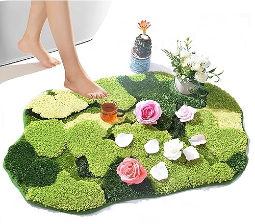 Hifuwan Badezimmerteppich, niedliches grünes Moos, Zottel, Badteppich, Blätter, für Badezimmer, Dekoration, ästhetische Blätter, weich, rutschfest, waschbar, saugfähig, Bodenkeppich, Boho-Duschmatte,