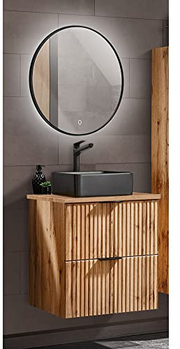 Lomadox Badezimmermöbel Badmöbel Set, Wotaneiche Rillenoptik, 60 cm Waschtisch mit Unterschrank, Keramik Waschbecken schwarz, LED-Spiegel mit Touchfunktion