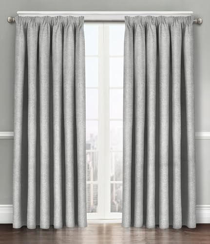 Velosso Solid Thermal Blockout Window Treatment Triple Weaved Curtain Panels Dimout Pencil Pleated Curtain Pair (Silver Grey, 46 Wide x 54 Drop)