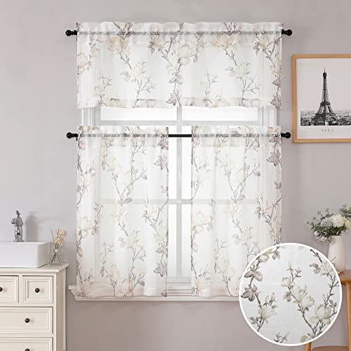 SMILE WEAVER Küchenvorhänge, Etagen- und Volant-Set, 3-teilig, kurze, halbtransparente Leinen-Vorhänge für Schlafzimmer/Wohnzimmer, lichtfilternde Fenstervorhänge für Badezimmer (Weiß, 132 x 45 x 66 x