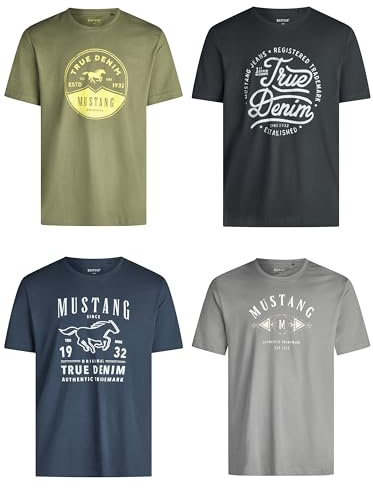 MUSTANG Tshirt Herren Baumwolle Regular Fit 4er Pack Set Rundhals Kurzarm Sommer Tee Shirt Logoprint L, Größe:L, Farbe:Farbmix (P25)