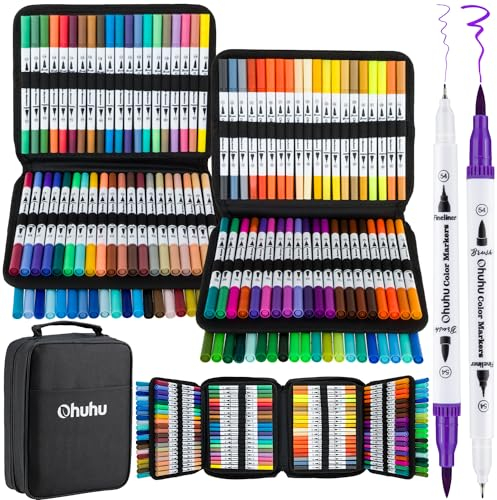 Ohuhu 160 Farben Filzstifte – Dual Brush Pen Set mit Doppelspitze (Pinsel & Fineliner), wasserbasierte Stifte für Erwachsene – Ideal für Bullet Journal, Kalligraphie Mandala, Maui Serie - Tragetasche