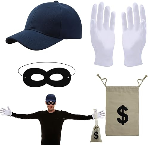 OPEIXSAYKOC Panzerknacker Kostüm Accessoire,Maske+Cap+Handschuhe+Geldsack,Cosplay Einbrecher Räuber Accessoire,für Karneval Fasching Verkleidung,Halloween,für Erwachsene & Kinder