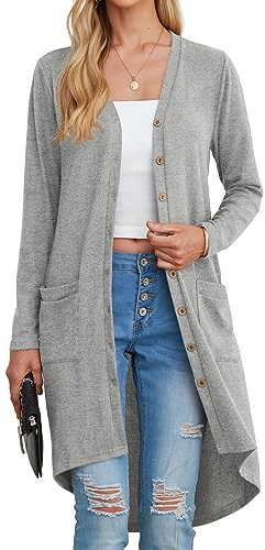 GRECERELLE Women's Long Lightweight Cardigan Long Sleeve Button Down Loose Outwear Cardigans Jacket with Pockets for Ladies UK Grey-L