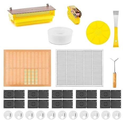 Wiesenfield WIE-BEESET-6 Imkerei-Starterset 28-tlg Stockmeißel Wandergurt Pollenfalle Absperrgitter 10 Insektenfallen 10 Fluglochrosetten Imker Set Bienen Anfängerset Grundausstattung