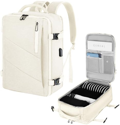 VOESLD Sac a Dos Voyage Bagage Cabine 45x36x20 pour Easyjet Sacs à Dos Loisir Femme Homme Beige Sac à Dos Ordinateur Portable Bleu avec Port USB 32L