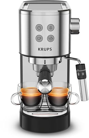 KRUPS Stainless Steel Espresso Machine: 15-Bar Pump Pressure, Milk Frother for Cappuccino and Latte, Fast Pre-Heat, 2-Cup Capacity, Cup Warmer, Easy Cleaning, 1350W, Silver