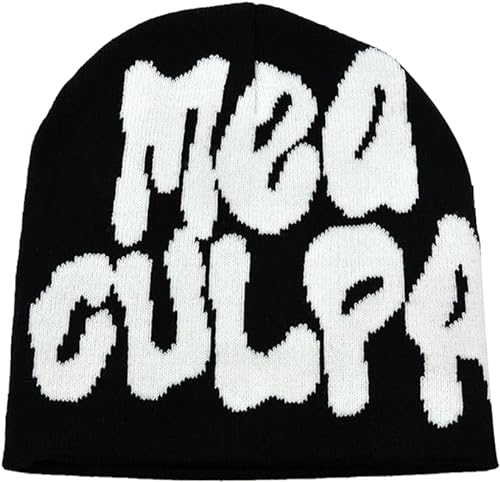 QCZJ MEA Culpa Beanie für Damen Beanie Mütze Grafik Y2k Beanies Weiche Häkelmütze Wintermütze für Frauen Y2k Zubehör Schwarz, Schwarz , 1-2
