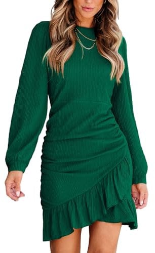 CUPSHE Women's Mini Dress Round Neck Ruffled Hem Ruched Long Sleeve Fitted Ribbed Knit Casual Dress Green M