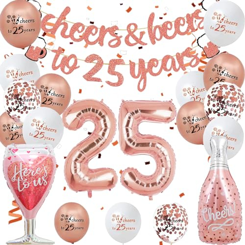LUKIUP 24 PCS Deko 25 Geburtstag Frau, Rosegold 25 Geburtstag Frauen Deko, Cheers Beers to 25 years Banner Girlande Konfetti luftballon bedruckte Latexballons, Geburtstagsdeko für Mädchen
