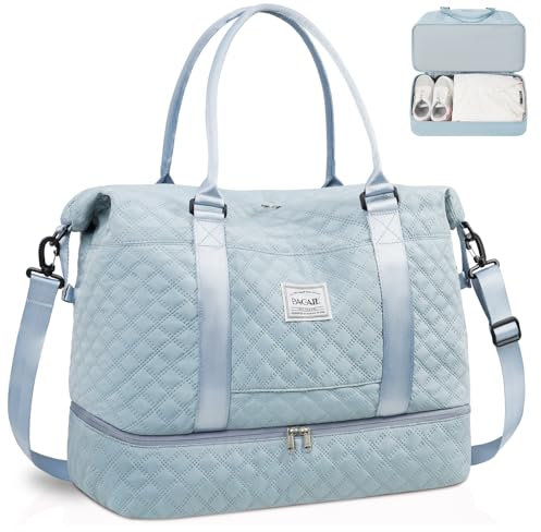 BAGAIL Reisetasche, Wochenendtasche für Damen, Übernachtung, Fitnessstudio, Tragetasche mit Nasstasche, Krankenhaus-Muttertasche für Arbeit und Lieferung, B-Grid-Hellblau, Extra Large, Reisetasche