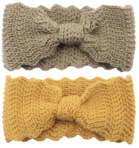 Bandeaux d'hiver pour cheveux de femmes, bandeau tricoté pour femmes, cache-oreilles à câble souple pour femmes et filles (marron et jaune)