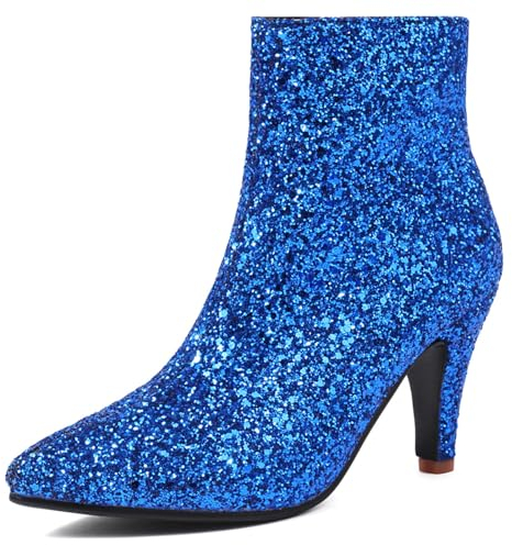 JR.catning Stivaletti da Donna con Tacco a Spillo Donna Moda Brillantini Festa Stivaletti Donna Appuntito Zip Stivali da Vestito Blu Numero 35 EU