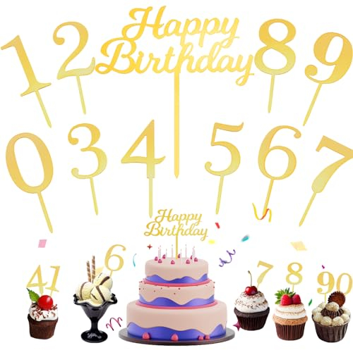 Mezrkuwr 11 Stück Alles Gute zum Geburtstag Kuchendekoration mit Kuchendeckel Zahlen 0-9, Cupcake Topper für Geburtstagsfeiern