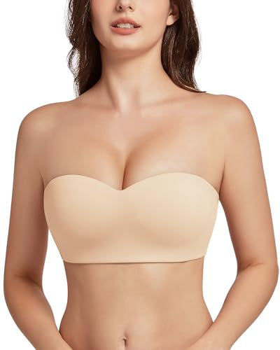 LEYSHE Femme Soutien Gorge sans Bretelles Rembourré Soutien Gorge Bandeau Antidérapant Soutien Gorge sans Armature avec Bretelle Multiple,Beige,S