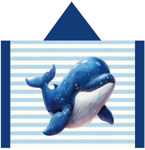 Queenshin Toalla de Playa con Capucha de Secado Rápido de Ballena Azul, Toalla Sin Arena de Microfibra Poncho para Niños y Niñas 76 * 127 CM