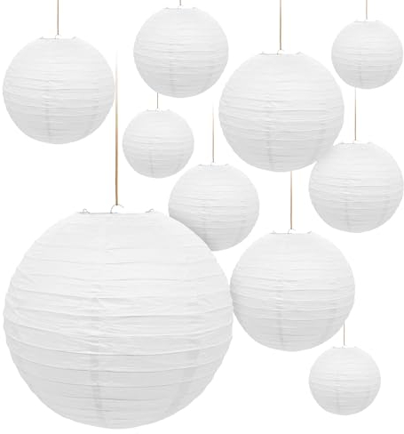 Papier Lampion in weiß zum Hängen - 10er Set in 25 cm - Deko Papierlaterne rund - Lampenschirm Papierlampe gerippt Deko für Garten Party Hochzeit Geburtstag Bamboo Style