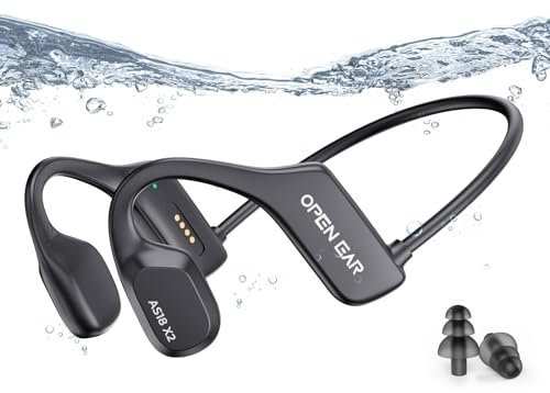 XINSRE Bone Conduction Headphones, Open Ear Bluetooth 5.3, IP68 Waterproof, 16G Storage, 8H Playtime, Black, Swimming Headphones
