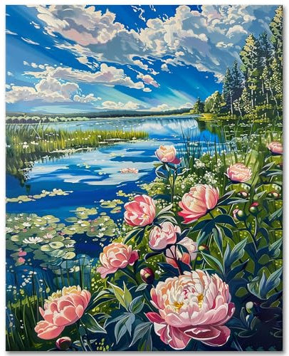 TISHIRON Malen nach Zahlen Erwachsene Naturlandschaft, DIY Malen nach Zahlen Kits auf Leinwand Blumen, See Ölmalerei Malsets für Erwachsene, Acrylmalerei nach Zahlen 40 x 50 cm(rahmenlos)