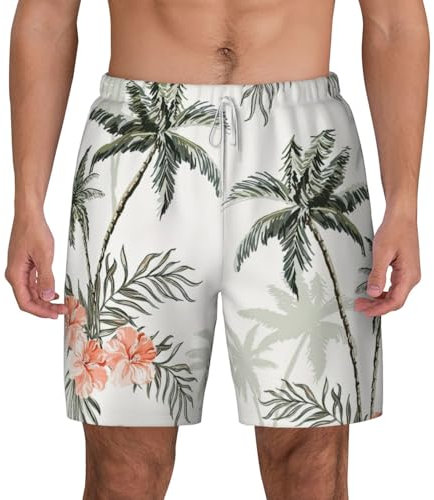 WURTON Costume da bagno da uomo con stampa di palme tropicali, fodera ad asciugatura rapida, pantaloncini da spiaggia anti-sfregamento, fodera a compressione, bianco, Small
